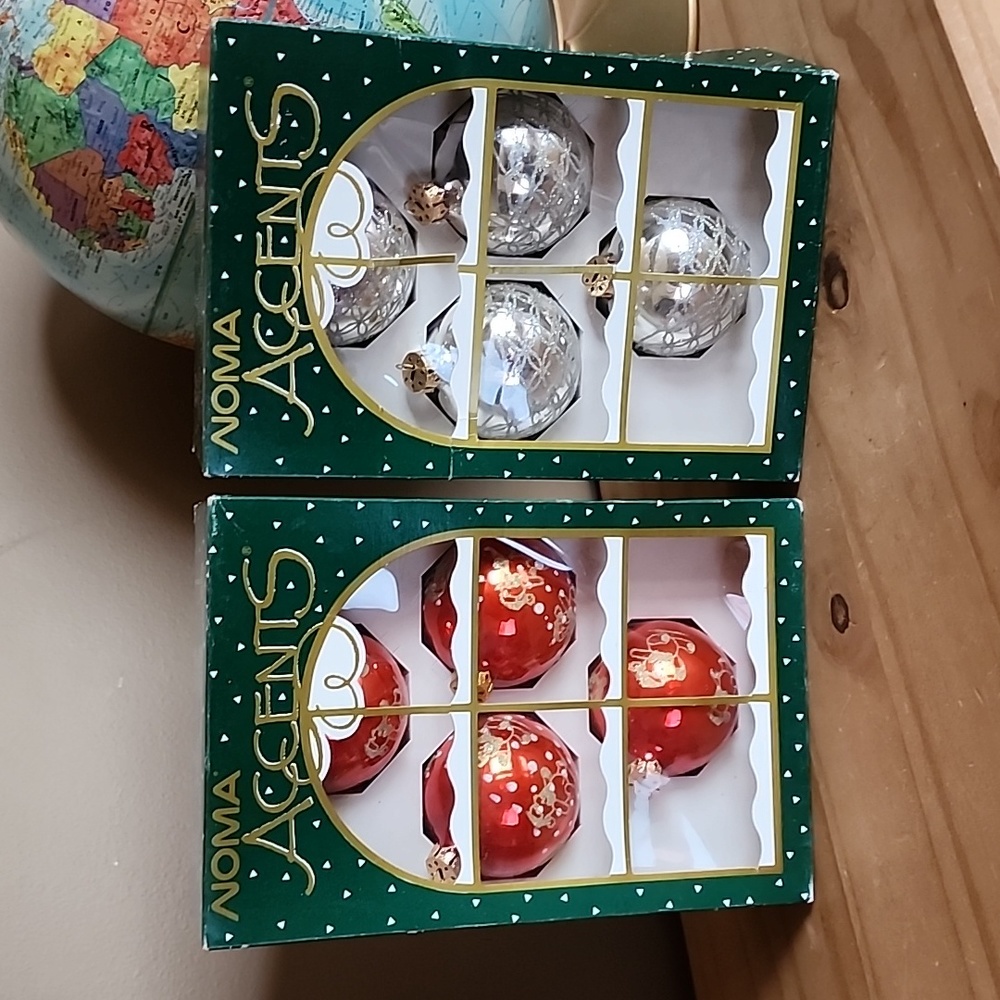 Vintage Noma Accents red silver glitter glass Christmas tree ornaments